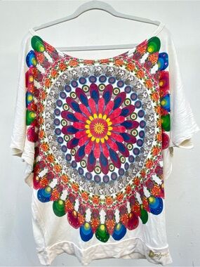 Y2K Euro Desigual Cream Multicolor Mandala Sequin Graphic T-shirt Size Small
